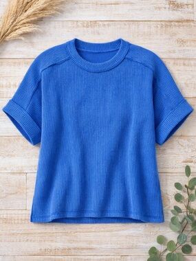 Zenana Blue Ribbed Knit Top L/XL Oversized Short Sleeve Sweater NWT